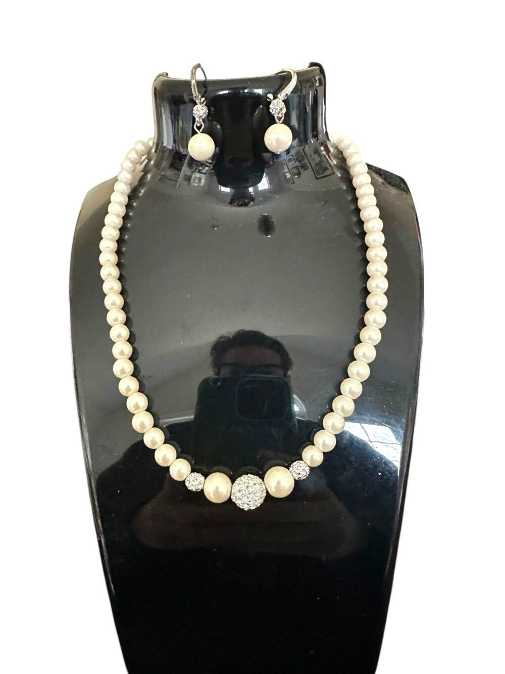 Vintage Coralee Faux Pearl and Pave Rhinestone Necklace 18” Matching Earrings